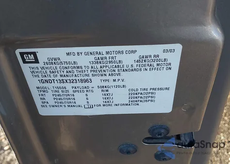 2003 Chevrolet Trailblazer Lt from USA, damaged, VIN 1GNDT13SX32318963